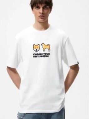Zara Shiba Inu Graphic T-Shirt White Cotton Tee Paris Patch M NWT